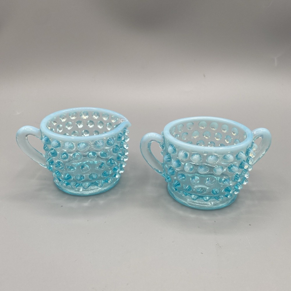 Fenton Blue Opalescent Hobnail Glass 2" Cream And Sugar Set Vintage